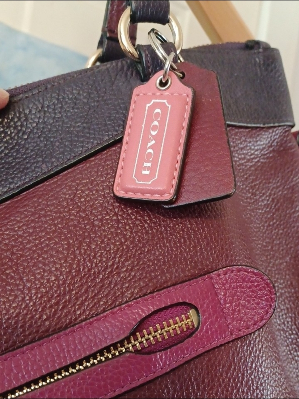 Coach Burgundy Leather Tote Navy Trim and Pink Accent Hangtags Shoulder Purse - Picture 9 of 16